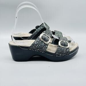 Dansko Sandals Womens 5 Black Leather Sophie Speckled Wedge Slide Buckle Strap